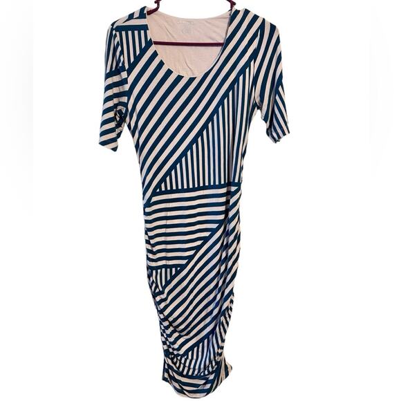 A Pea in the Pod Short Sleeve Midi Maternity Dress Size Small Blue and Cream - Picture 1 of 5